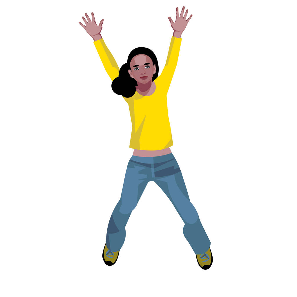 zwart meisje springen en het verhogen van haar handen omhoog vector geïsoleerde figuur op witte achtergrond - Vector, afbeelding
