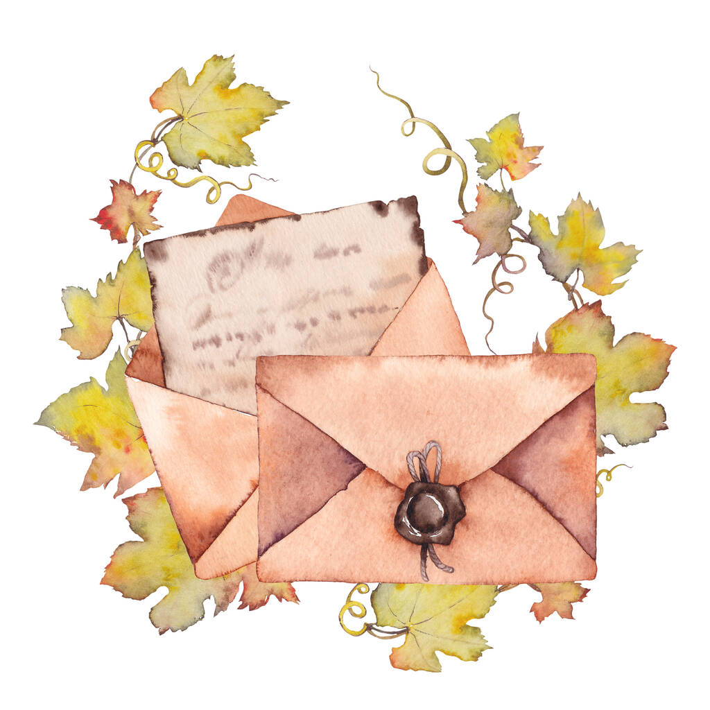 Letras retro y sobres con hojas de uva de otoño. - Foto, Imagen