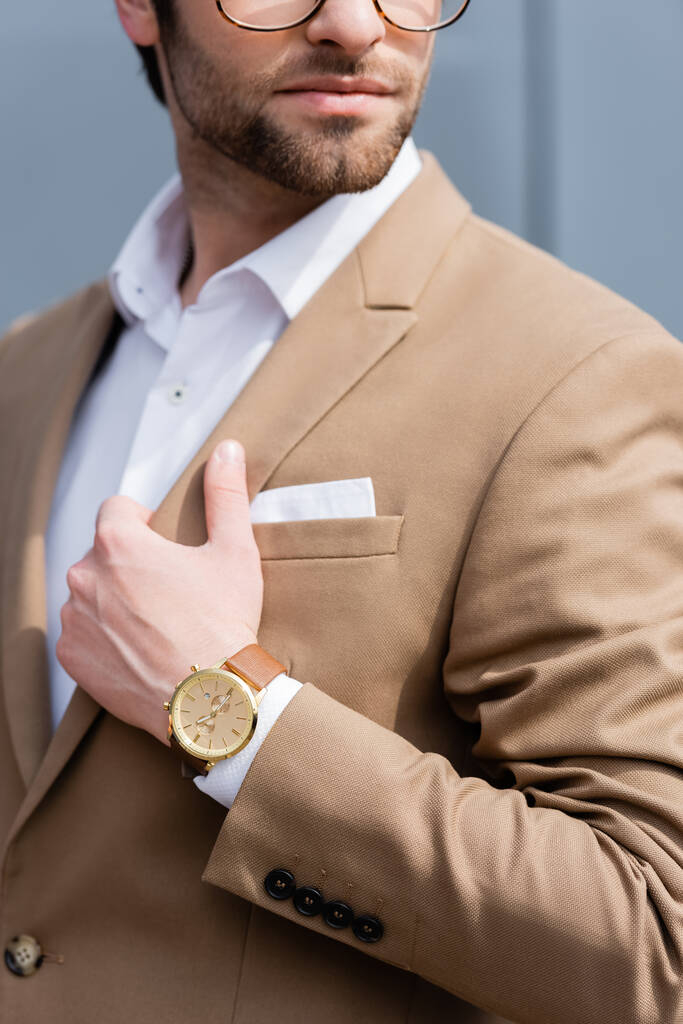 Teilansicht des Geschäftsmannes in beigem Anzug und Armbanduhr  - Foto, Bild