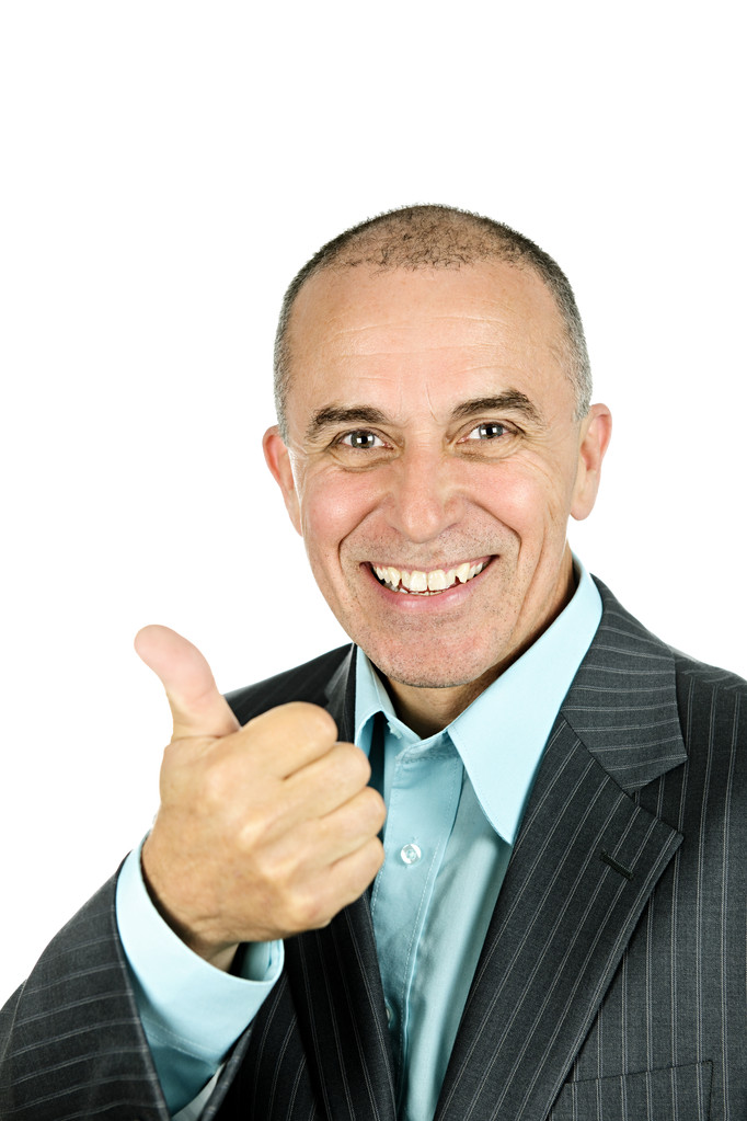 Retrato de un hombre de negocios sonriente dando pulgares hacia arriba aislado sobre fondo blanco
 - Foto, imagen