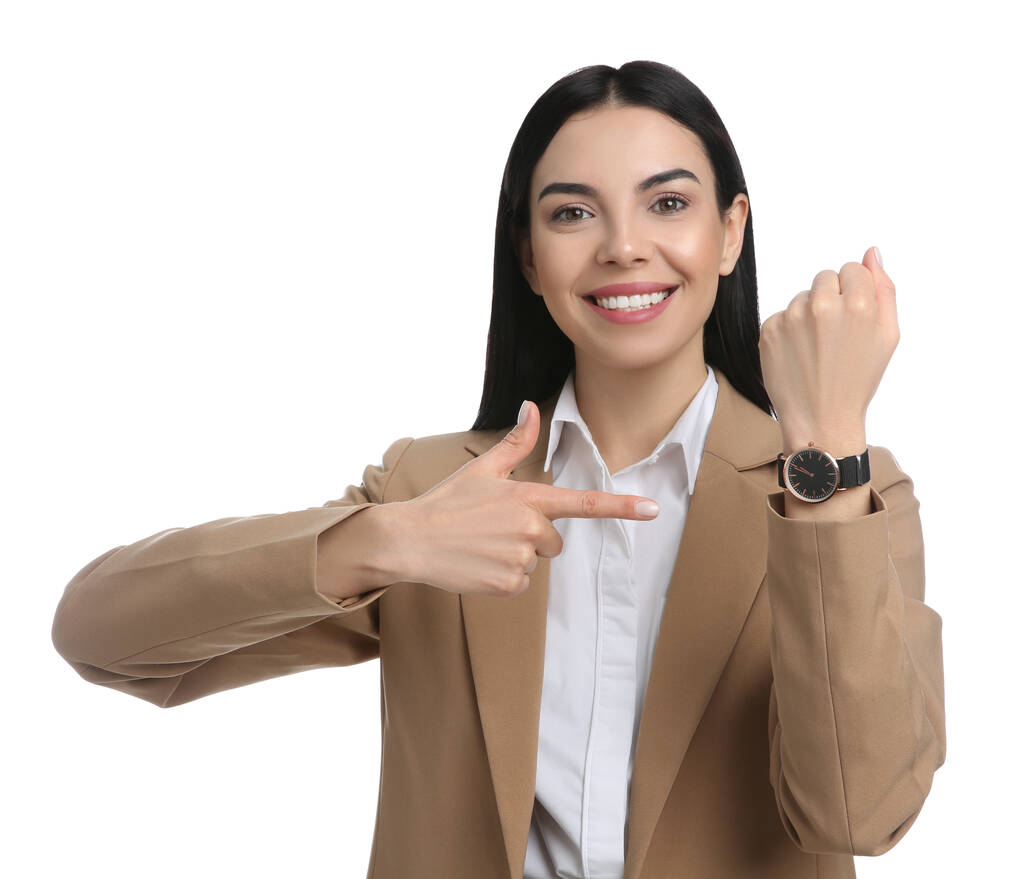 Επιχειρηματίας με ρολόι χειρός σε λευκό φόντο. Διαχείριση χρόνου - Φωτογραφία, εικόνα