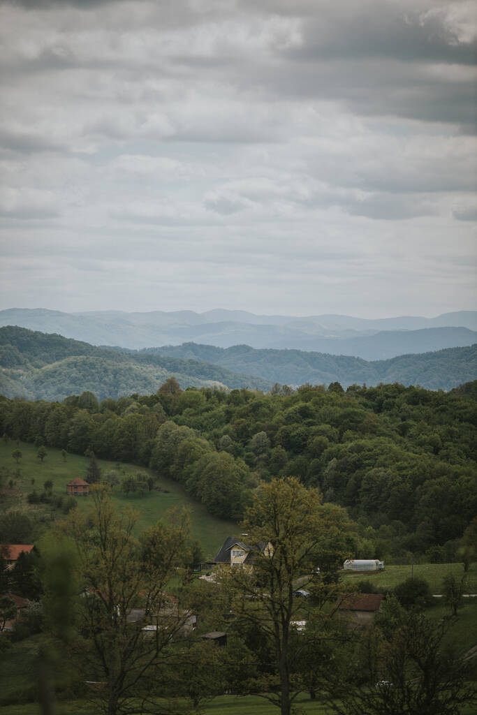 Вертикальный снимок деревни, окруженной пышными зелеными лесами под облачным небом - Фото, изображение