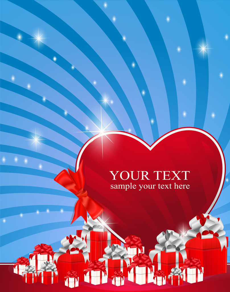 Red heart next to the gift boxes decorated with ribbons and star - Vector, Image