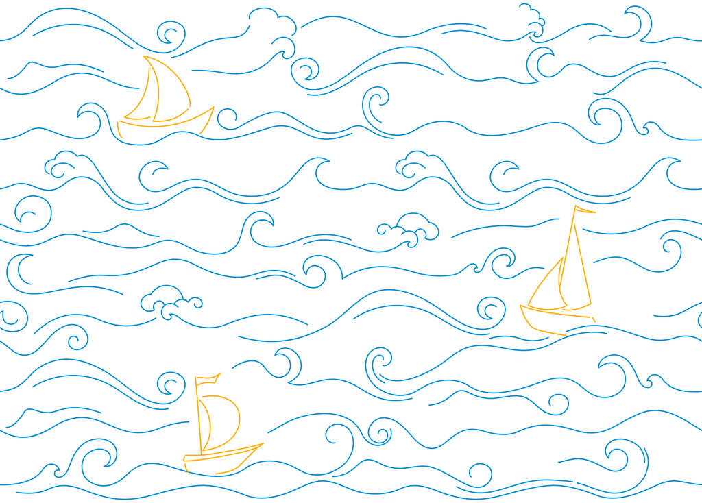 Seamless pattern illustration of ocean surf wave with ships. Sketch background with blue waves and sailboat. Cute marine pattern for fabric, childrens clothing, textile, wrapping paper. - Vector, Image