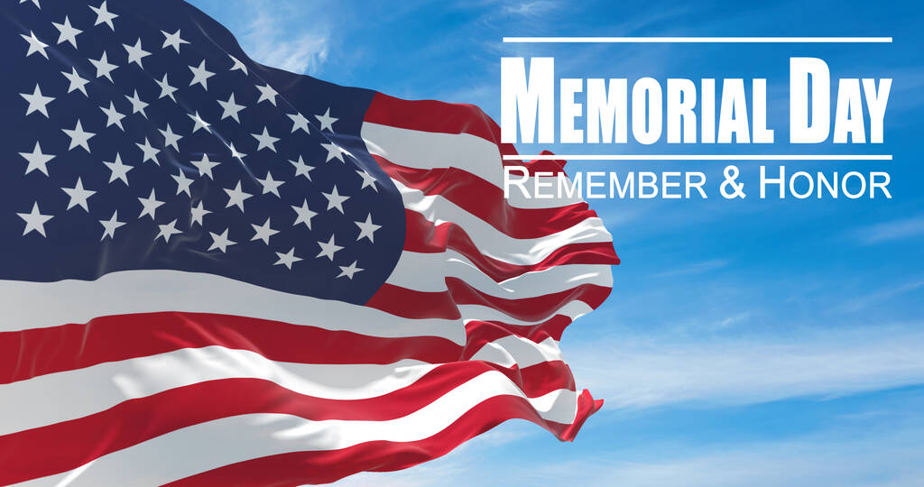 USA-Flagge. Flagge der Vereinigten Staaten von Amerika, die im Wind gegen den Sonnenuntergang geschwenkt wird und der Text Memorial Day, Remember and Honour. 3D-Illustration - Foto, Bild