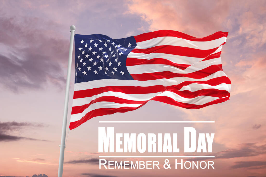 Bandera de USA. Bandera de los Estados Unidos de América ondeada en la brisa contra un cielo al atardecer y el texto Memorial Day, Remember and honor. ilustración 3d - Foto, imagen