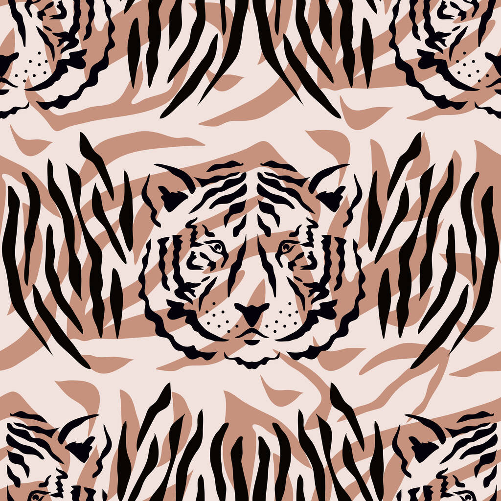 Tygrys piękny bezszwowy wzór w różnych kolorach w kreskówkowym stylu płaskim. Nowoczesny design skóry druku mody na tekstylia, tkaniny, tapety. Styl Safari. Ilustracja wektora - Wektor, obraz