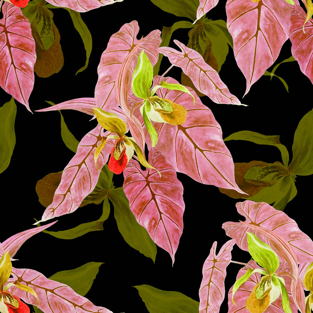 Цветочные акварельные бесшовные патерны с тропическими цветами орхидей на черном. Экзотическая цветочная печать. Цветной весенний или летний фон. - Фото, изображение