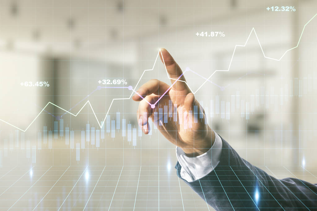 Двойное раскрытие руки человека, работающего с виртуальной творческой финансовой диаграммой на размытом офисном фоне, банковской и бухгалтерской концепции - Фото, изображение