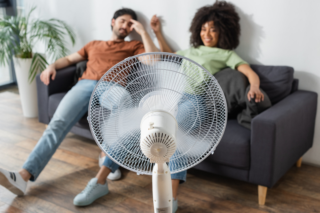 blurred interracial man and woman sitting on couch near electric fan in living room  - Photo, Image