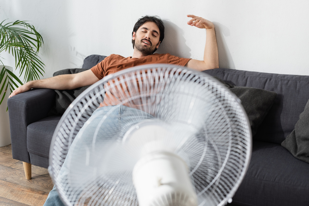 potěšený vousatý muž sedí na gauči v blízkosti rozmazané elektrický ventilátor  - Fotografie, Obrázek