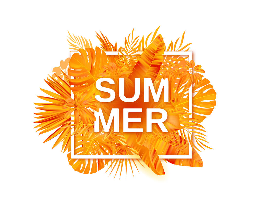 Sommer tropisches Vektordesign für Banner oder Flyer mit exotischen Palmblättern, Hibiskusblüten und Schriftzügen. - Vektor, Bild