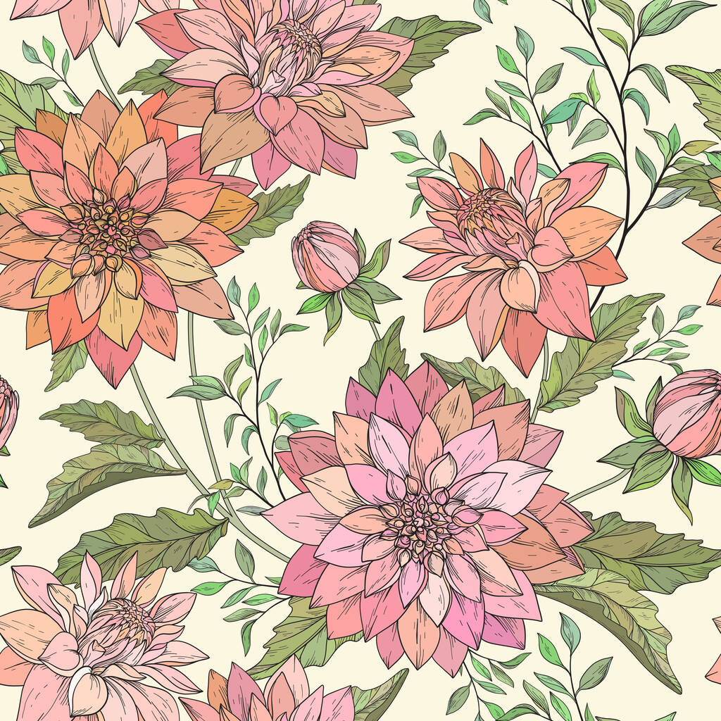 Nahtloses Muster mit handgezeichneten Chrysanthemen - Vektor, Bild