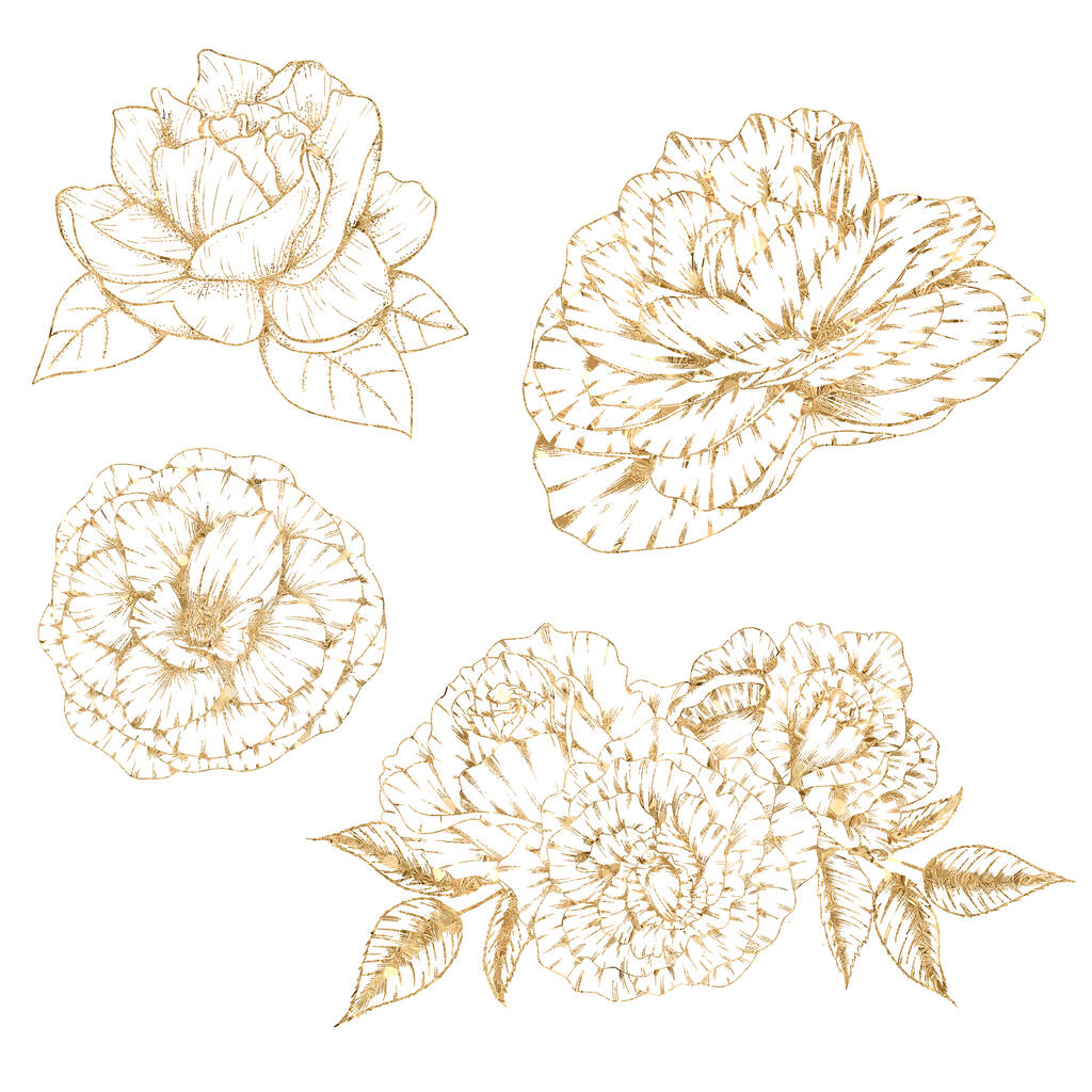 Χρυσή γραμμή εικονογράφηση λουλουδιών καμέλια, χρυσά καλοκαιρινά λουλούδια, στοιχεία διακόσμησης γάμου - Φωτογραφία, εικόνα