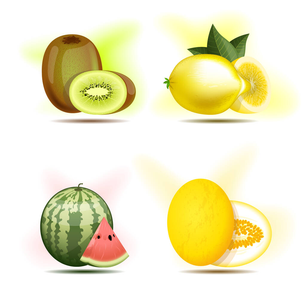 Beeren und Früchte, Kiwi, Zitrone, Wassermelone und Melone. - Vektor, Bild