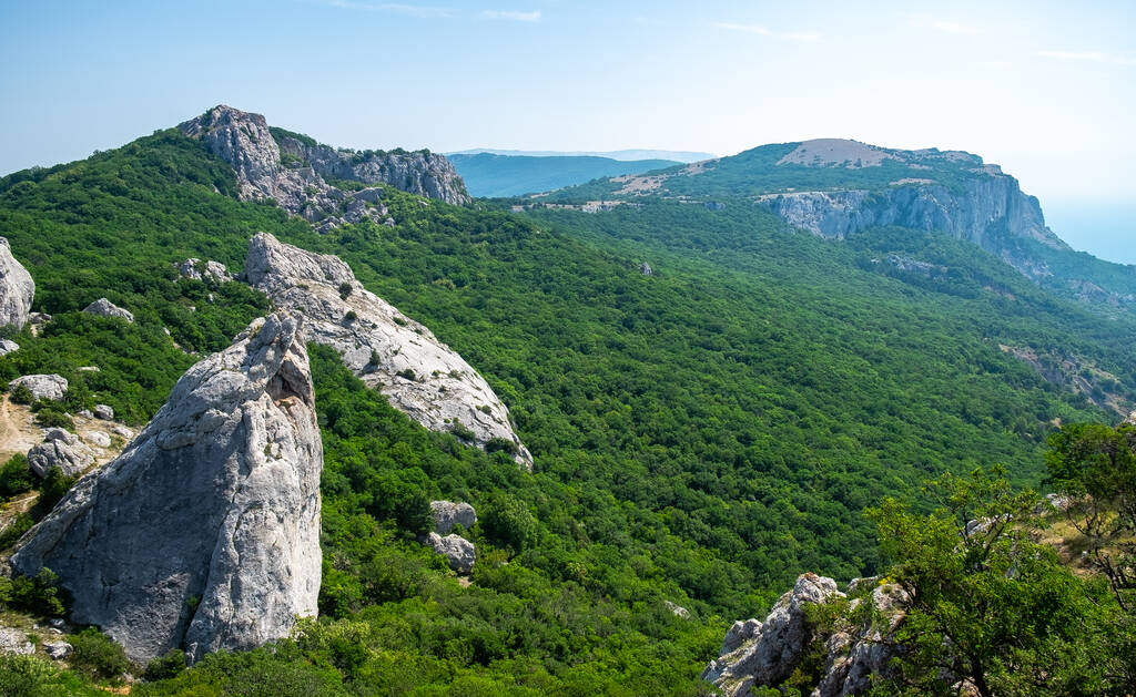 Mediterrán táj. Fekete-tenger déli partjának erdős sziklái a Krími-félsziget déli partjainál egy tiszta, napos napon. - Fotó, kép