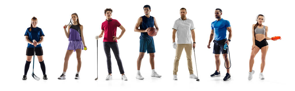 Sport collage. Athletics, tennis, golf and basketball player standing isolated over white studio background. - Foto, Bild