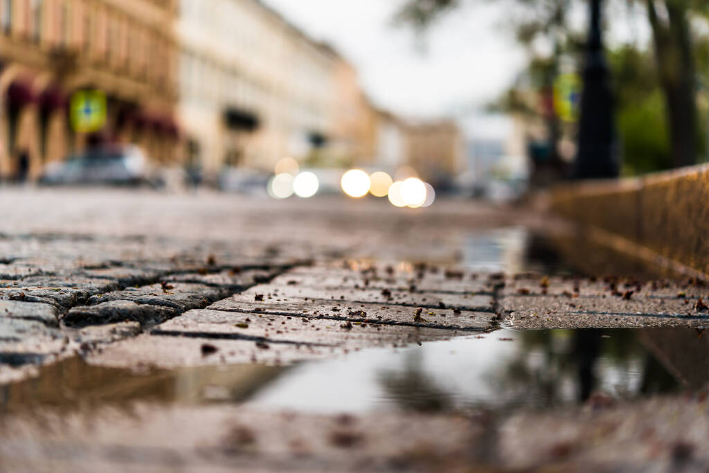 Plaza central de la ciudad pavimentada con piedra después de una lluvia, faros fr - Foto, Imagen