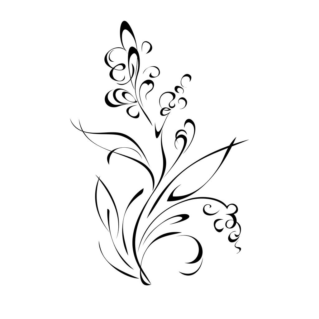 fiore stilizzato su stelo con foglie e riccioli in linee nere su fondo bianco - Vettoriali, immagini