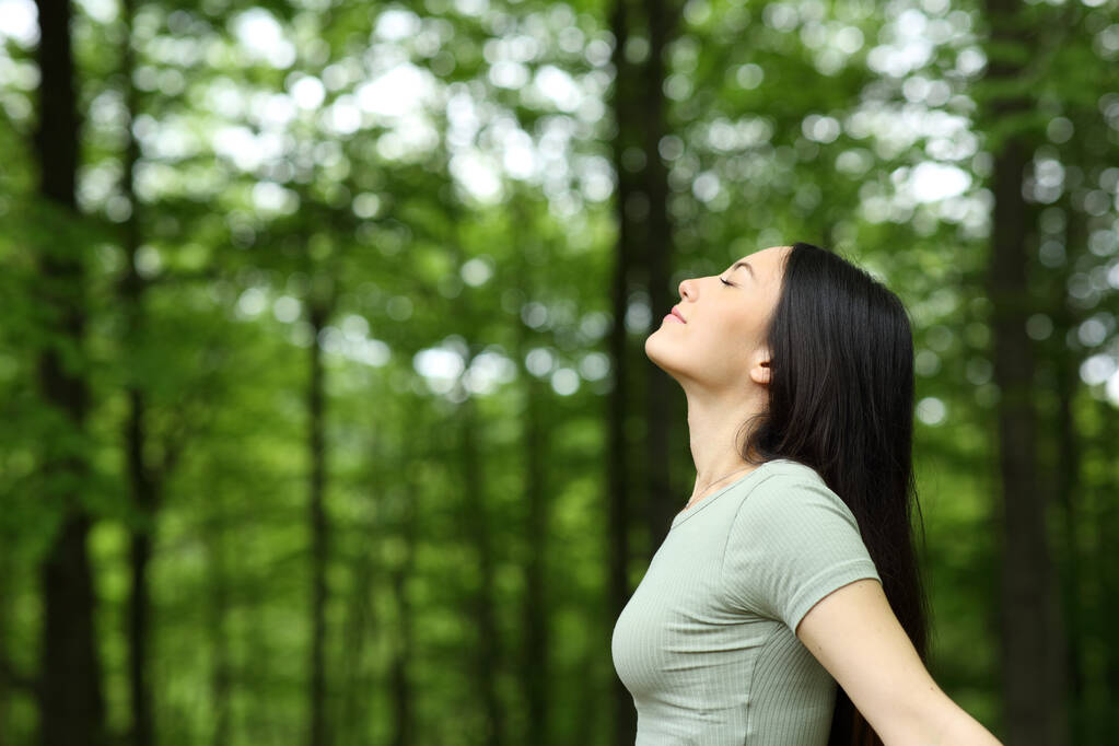 Retrato de una mujer asiática respirando aire fresco en un bosque - Foto, Imagen