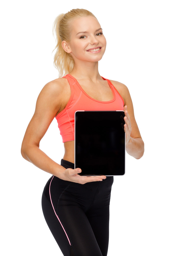 femme souriante montrant tablette pc écran blanc
 - Photo, image