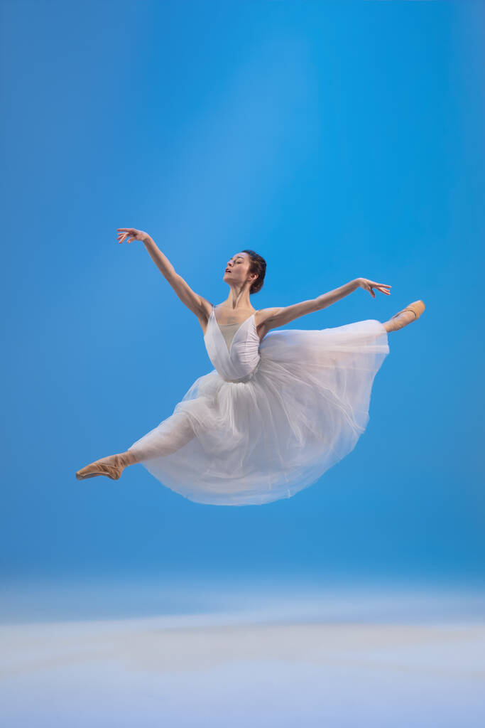 Joven y elegante bailarina de ballet aislada sobre fondo de estudio azul. Arte, movimiento, acción, flexibilidad, concepto de inspiración. - Foto, Imagen