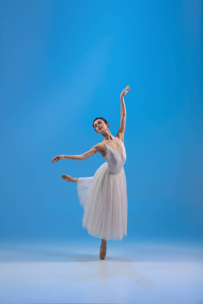 Joven e increíblemente hermosa bailarina posando y bailando en un estudio azul lleno de luz. - Foto, imagen