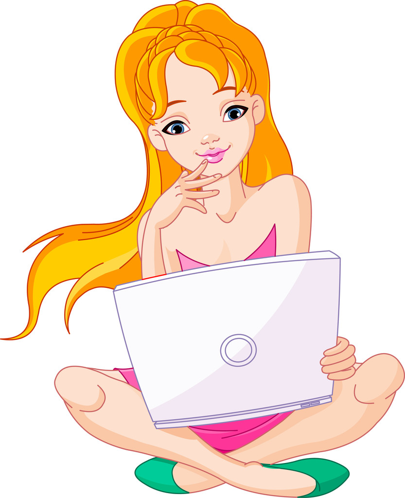 ευτυχής νεαρή γυναίκα που κάθεται στο μαξιλάρι με το laptop στην αγκαλιά - Διάνυσμα, εικόνα