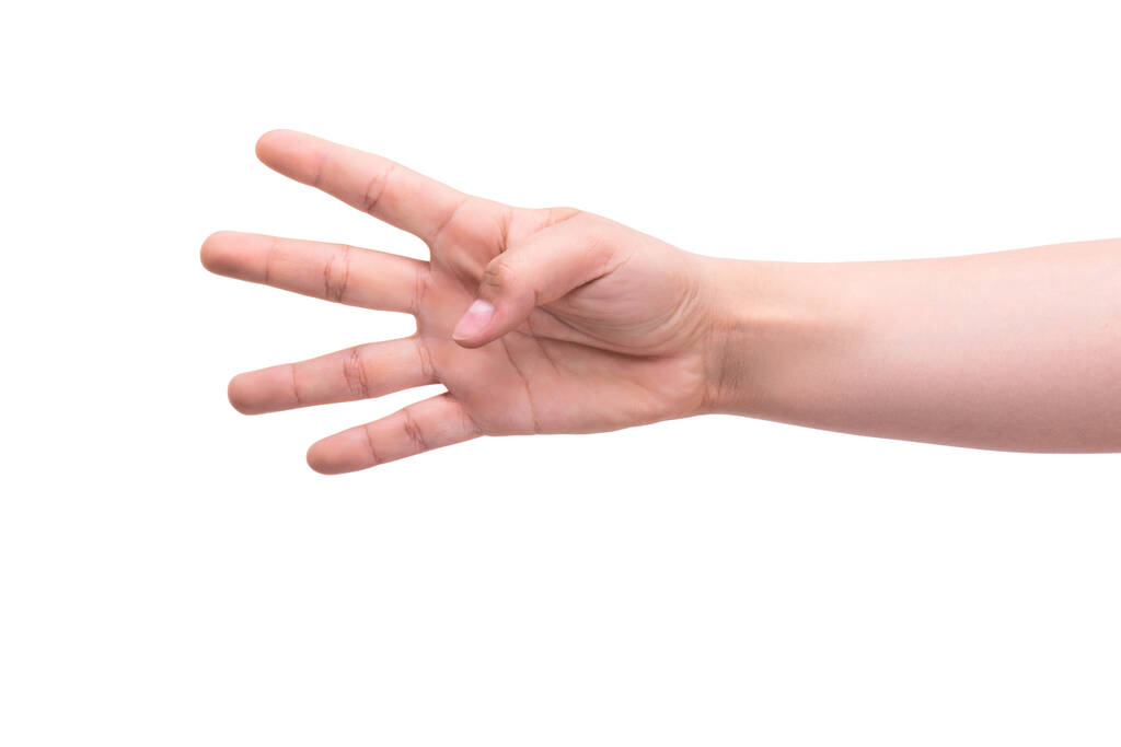 Gesty. Ręka jednej osoby pokazuje cztery palce. Pojęcie rachunku 1,2,3,4,5. - Zdjęcie, obraz