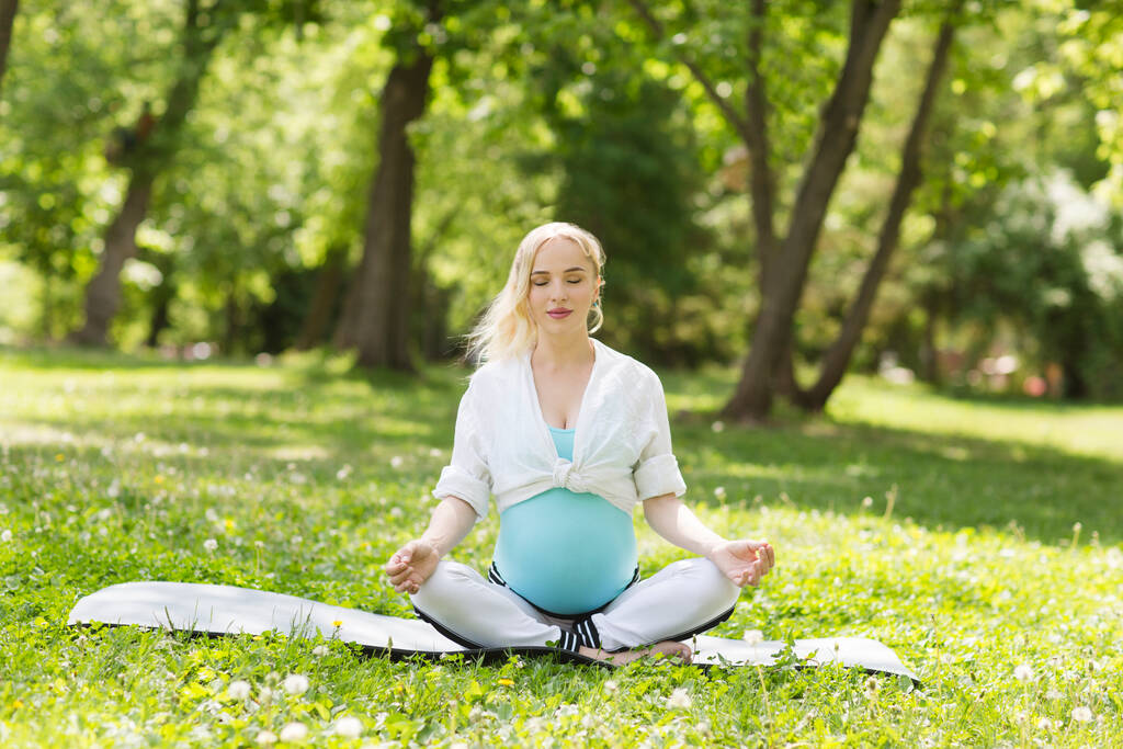 jeune femme enceinte faisant des étirements et du yoga dans un parc - Photo, image