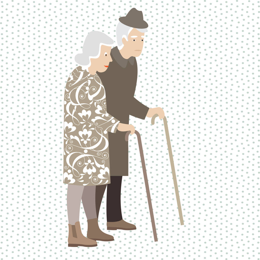 uma mulher idosa e um homem idoso com uma bengala numa caminhada. o padrão plano. - Vetor, Imagem