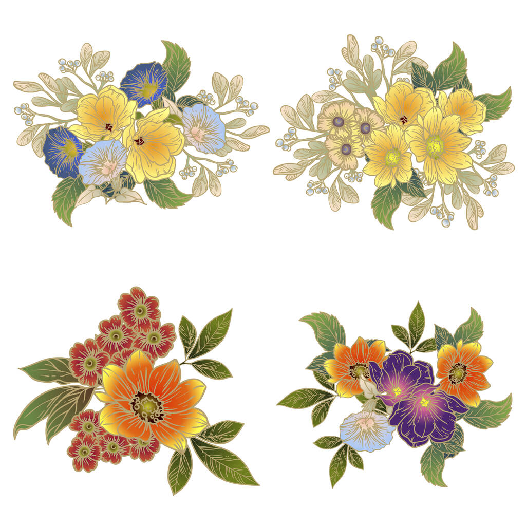 conjunto de quatro adesivos florais coloridos isolados no fundo branco - Vetor, Imagem