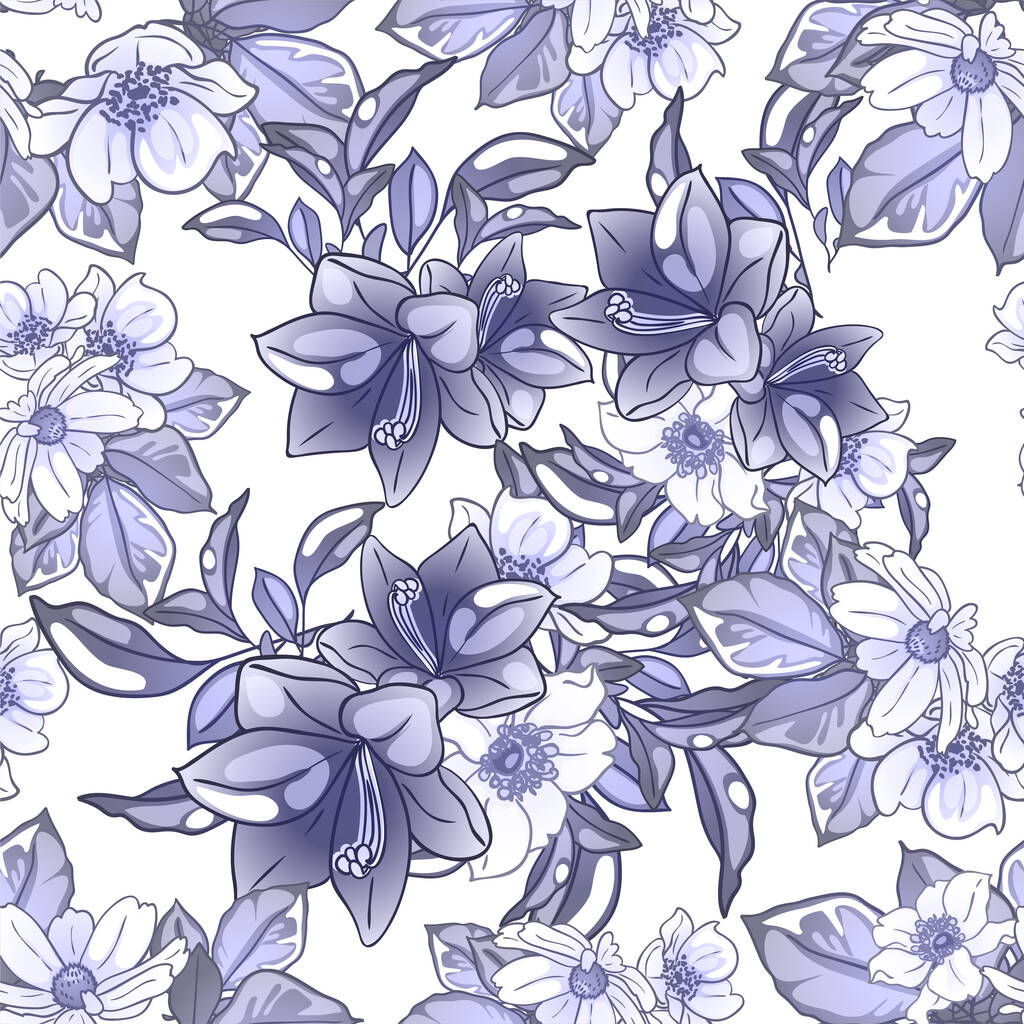 modrý a bílý květinový vzor, digitální tapety - Vektor, obrázek