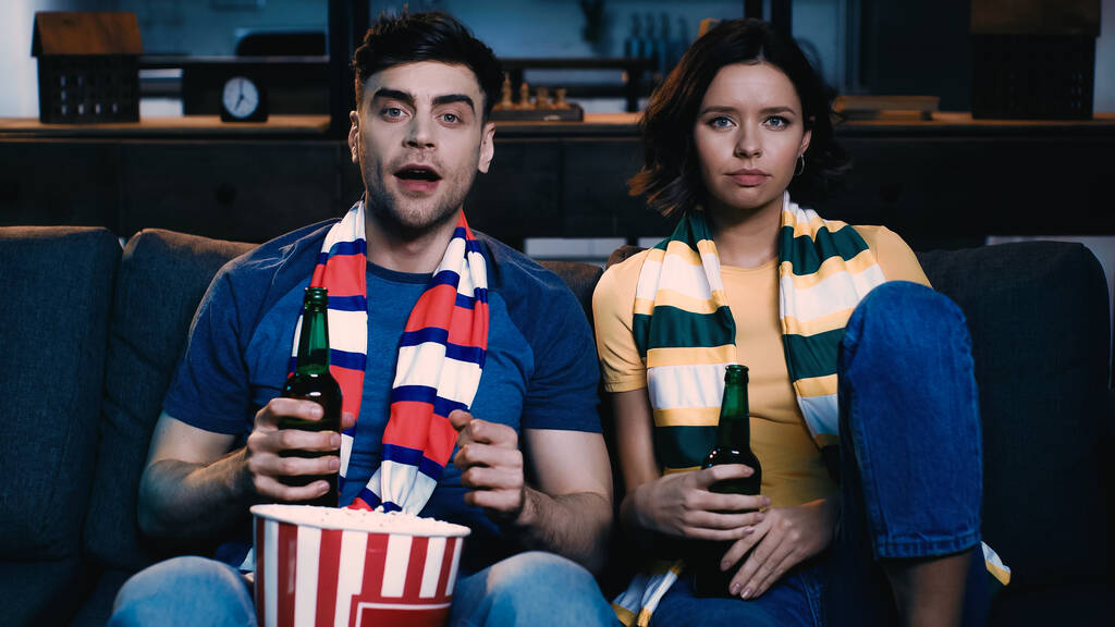 захоплені шанувальники спорту з шарфами, сидячи з пляшками пива і спостерігаючи за чемпіонатом
  - Фото, зображення