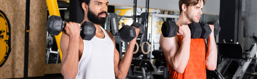 deportistas interracial haciendo ejercicio con pesas en el gimnasio, pancarta - Foto, imagen