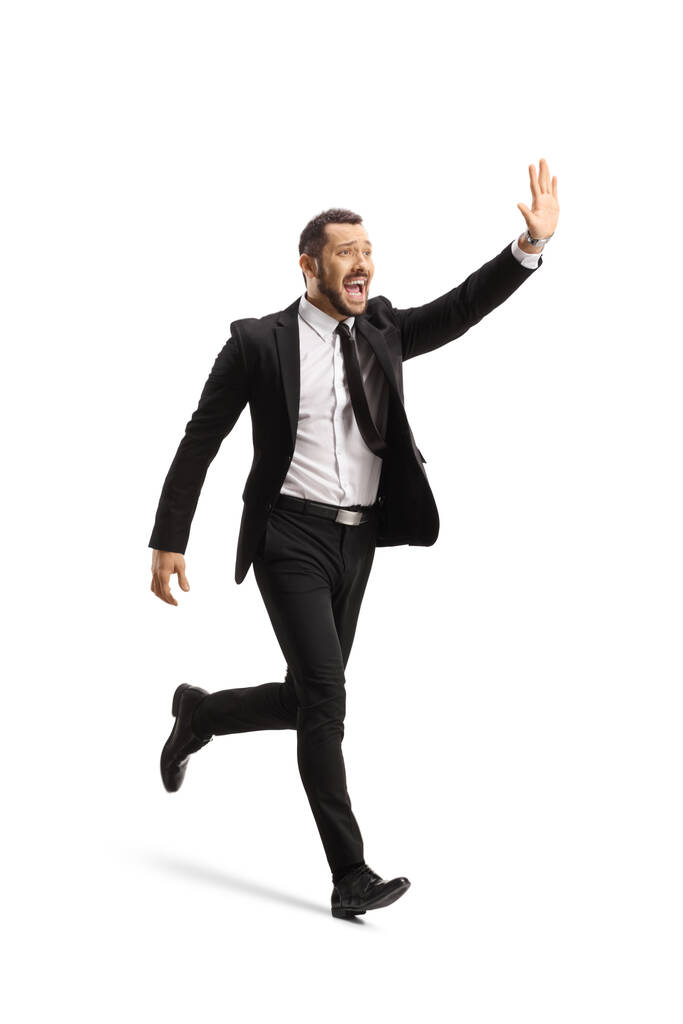 Полный снимок бизнесмена, бегущего и машущего рукой на белом фоне - Фото, изображение
