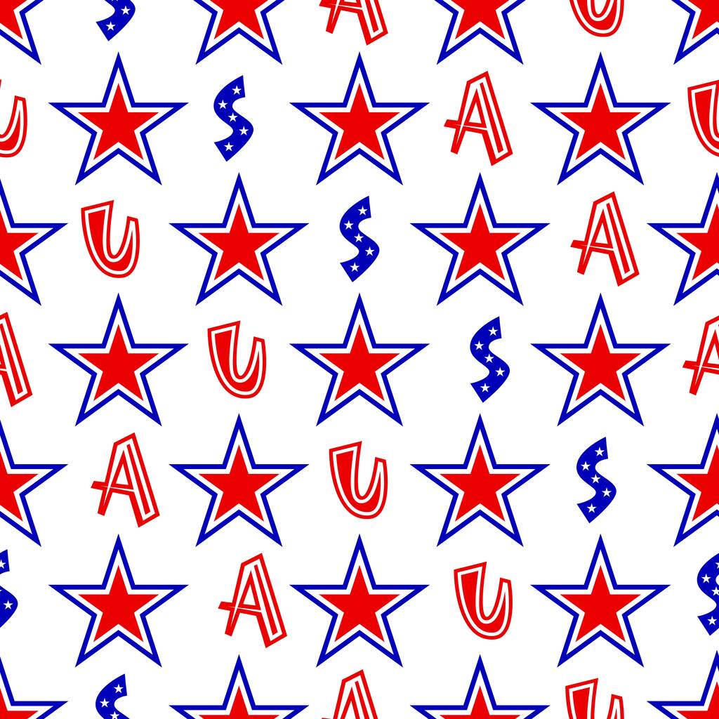 Patriotuc seamless pattern with stars red, blue, white colors of American flags and letters USA. Independence day concept. Vector background. Wrapping paper, wallpaper, fabric textile, digital paper. - Vektor, obrázek