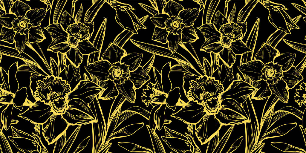 Delinear flores de narcisos con contorno amarillo iluminante sobre negro. - Vector, Imagen