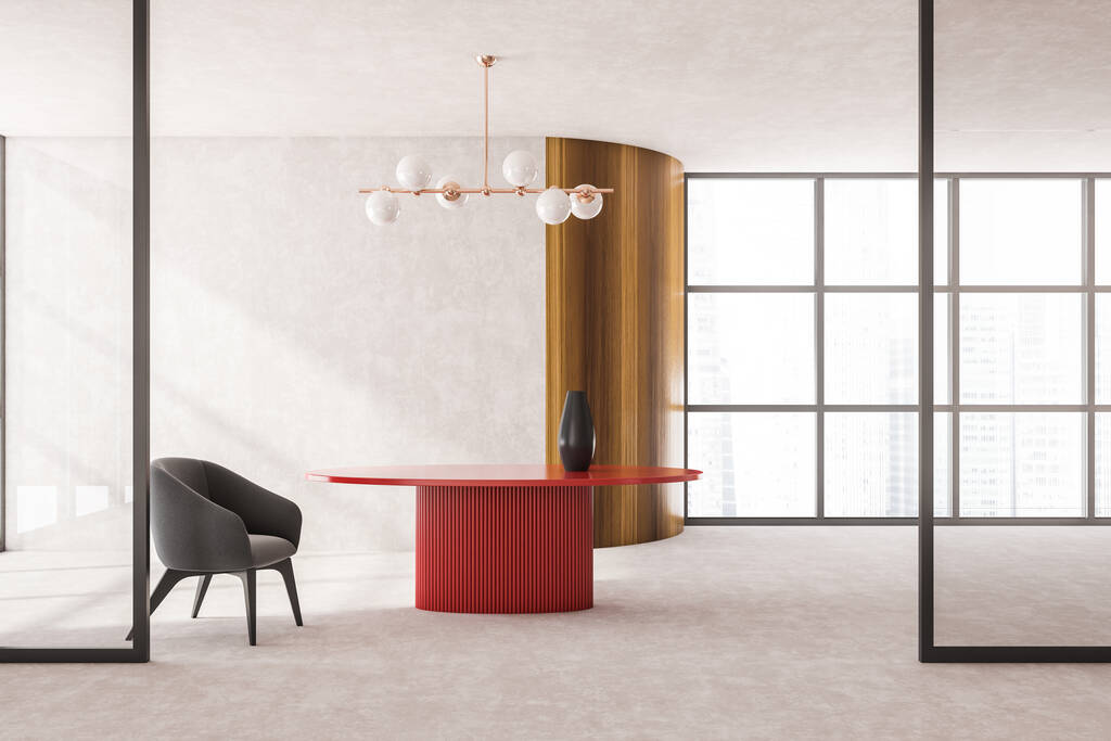 Modern oturma odasının iç dekorasyonu gökdelen binası dizayn koltuğu ve kırmızı yuvarlak masa, beton zemin. Fütürist avize. Ahşap duvar, pencere. İnsan yok. 3d oluşturma - Fotoğraf, Görsel