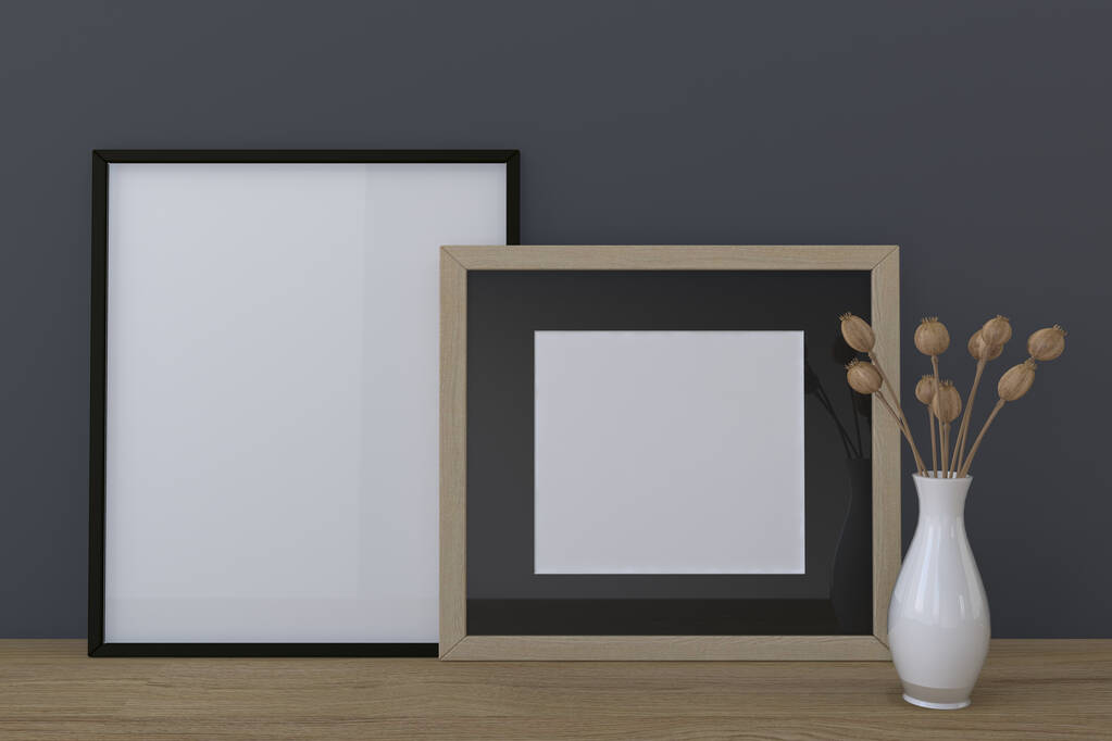 A closeup shot of frames with a vase on the shelf - Foto, afbeelding