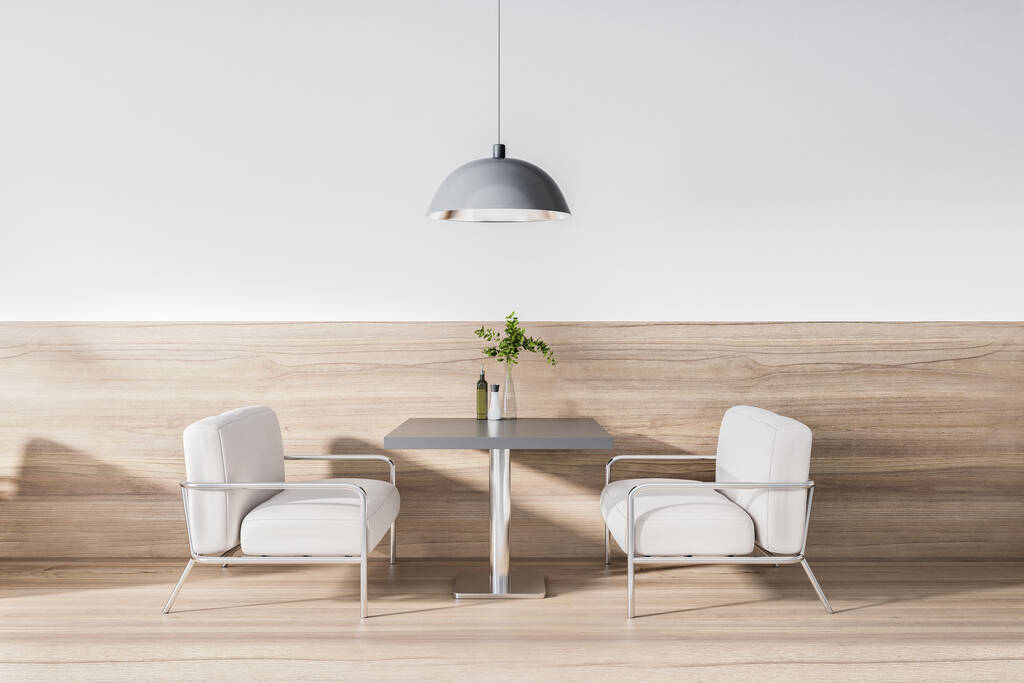 Moderno interior de hormigón y café art deco de madera con muebles y luz natural. Renderizado 3D - Foto, imagen