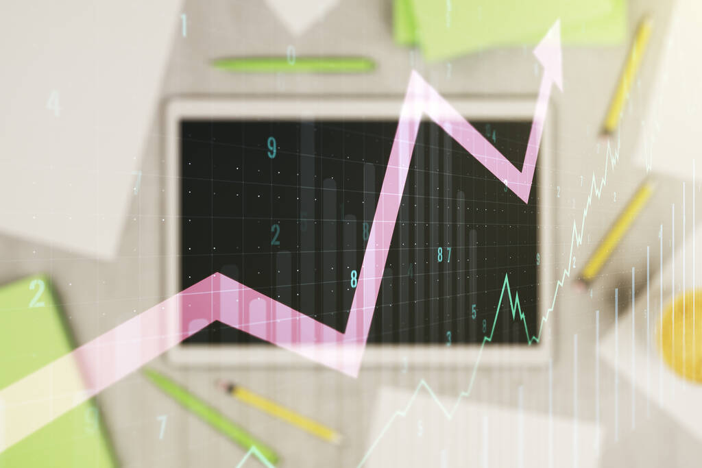 Multi exposure of abstract creative financial chart with upward arrow and digital tablet on background, top view, rise and breakthrough concept - Photo, Image