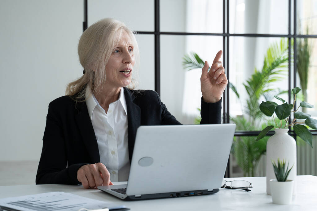 Eine ältere grauhaarige Frau mit Laptop kommt auf eine Idee. Geschäftsfrau arbeitet in einem modernen Büro. - Foto, Bild