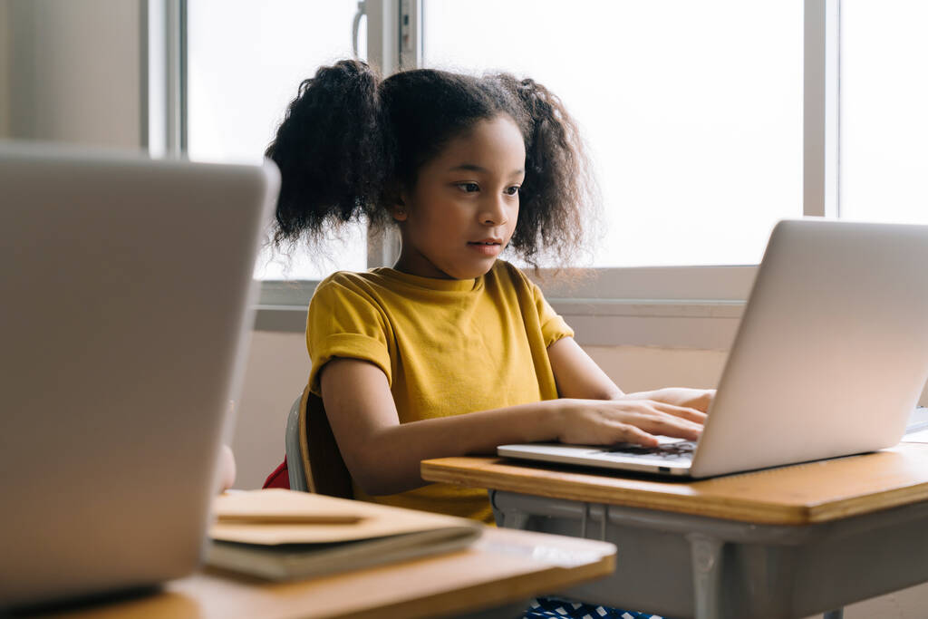 Девочка в школе учится на ноутбуке - Фото, изображение