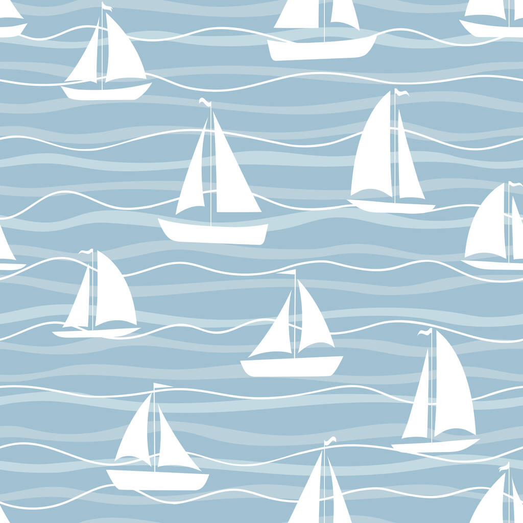 Modello di stampa tessile in tessuto. Barche a vela sulle onde. - Vettoriali, immagini