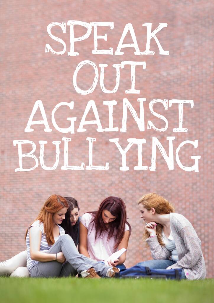Composición de texto anti bullying con estudiantes femeninas en segundo plano. infancia, bullying y cuestiones sociales concepto de imagen generada digitalmente. - Foto, imagen