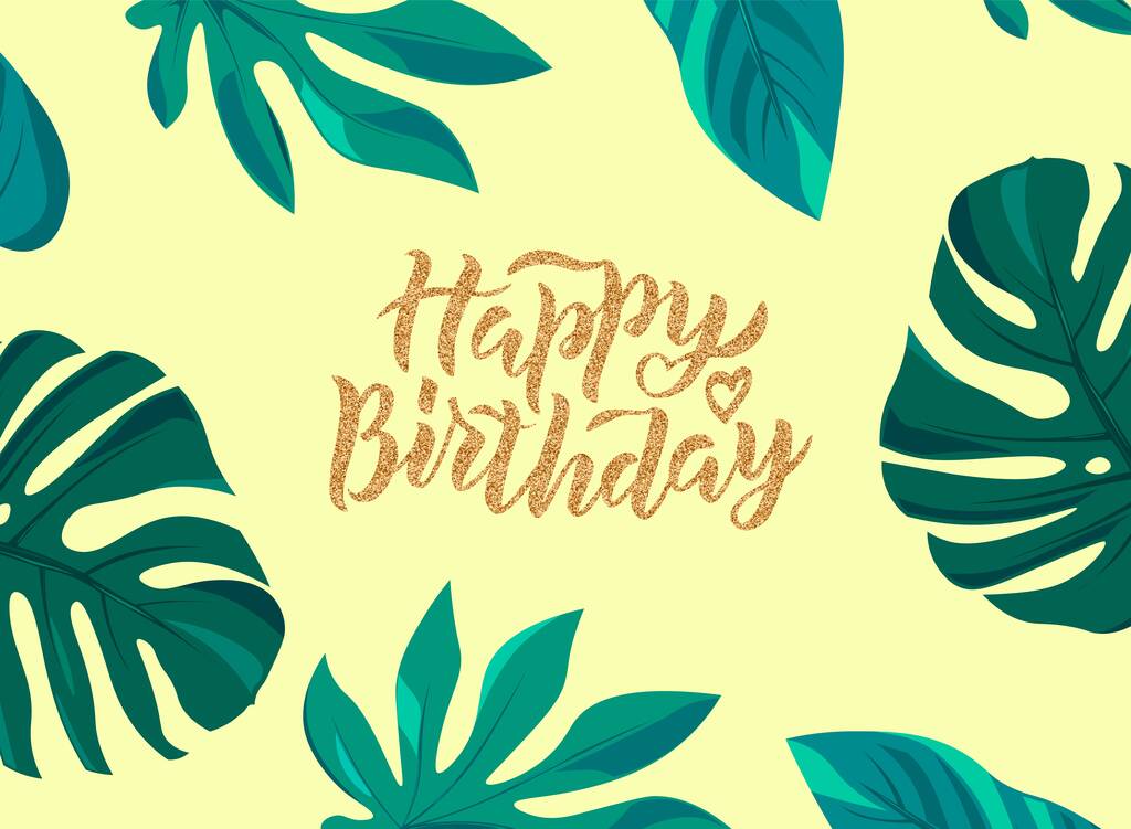 Joyeux anniversaire lettrage main texte. Illustration vectorielle mignonne avec feuilles tropiques pour affiche, carte de vœux, modèle de bannière. - Vecteur, image
