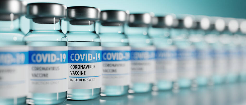 Fila de frascos de vacuna contra el Coronavirus. Profundidad de campo superficial. Representación 3D. Ilustración 3D. - Foto, Imagen