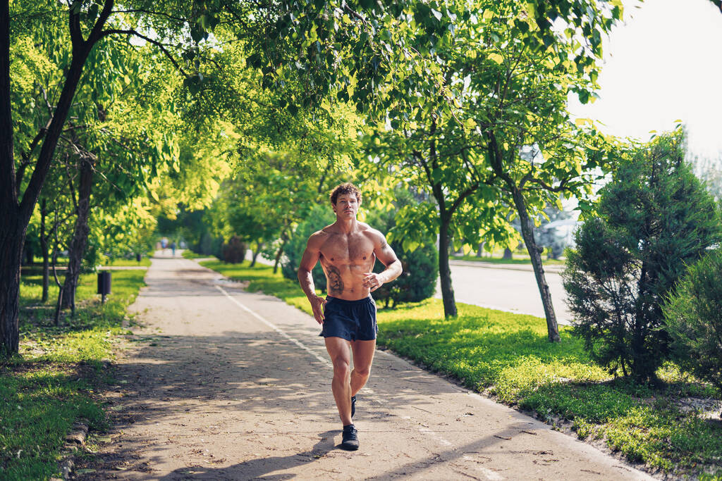 Ein starker attraktiver Mann läuft hemdlos draußen im Park herum - Foto, Bild