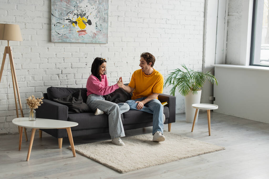 juguetona pareja joven sentada en el sofá y tocando con las manos en la sala de estar - Foto, imagen
